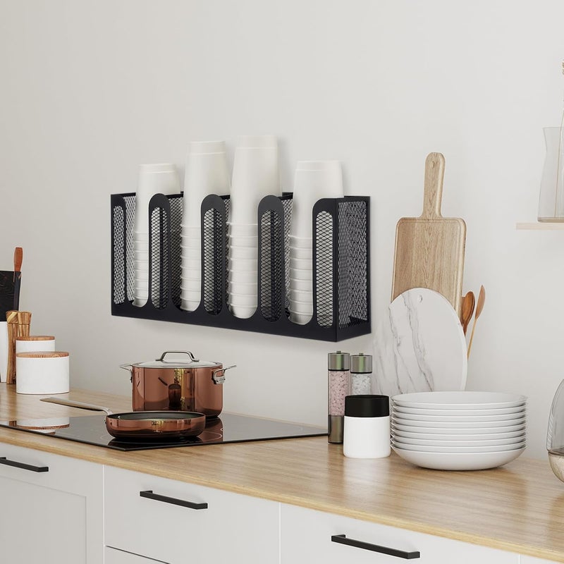 Maxcheck Metal Mesh Cup and Lid Holder Coffee Paper Cup Dispenser Lid Holder Storage Organizer Countertop or Wall Mount for Coffee Bar, Kitchen, Breakroom (4 Compartments) - Image 5